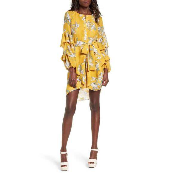CHRISELLE x JOA Yellow Grey Floral Tiered Puff Sleeve Dress Size Medium No Belt - Picture 1 of 7